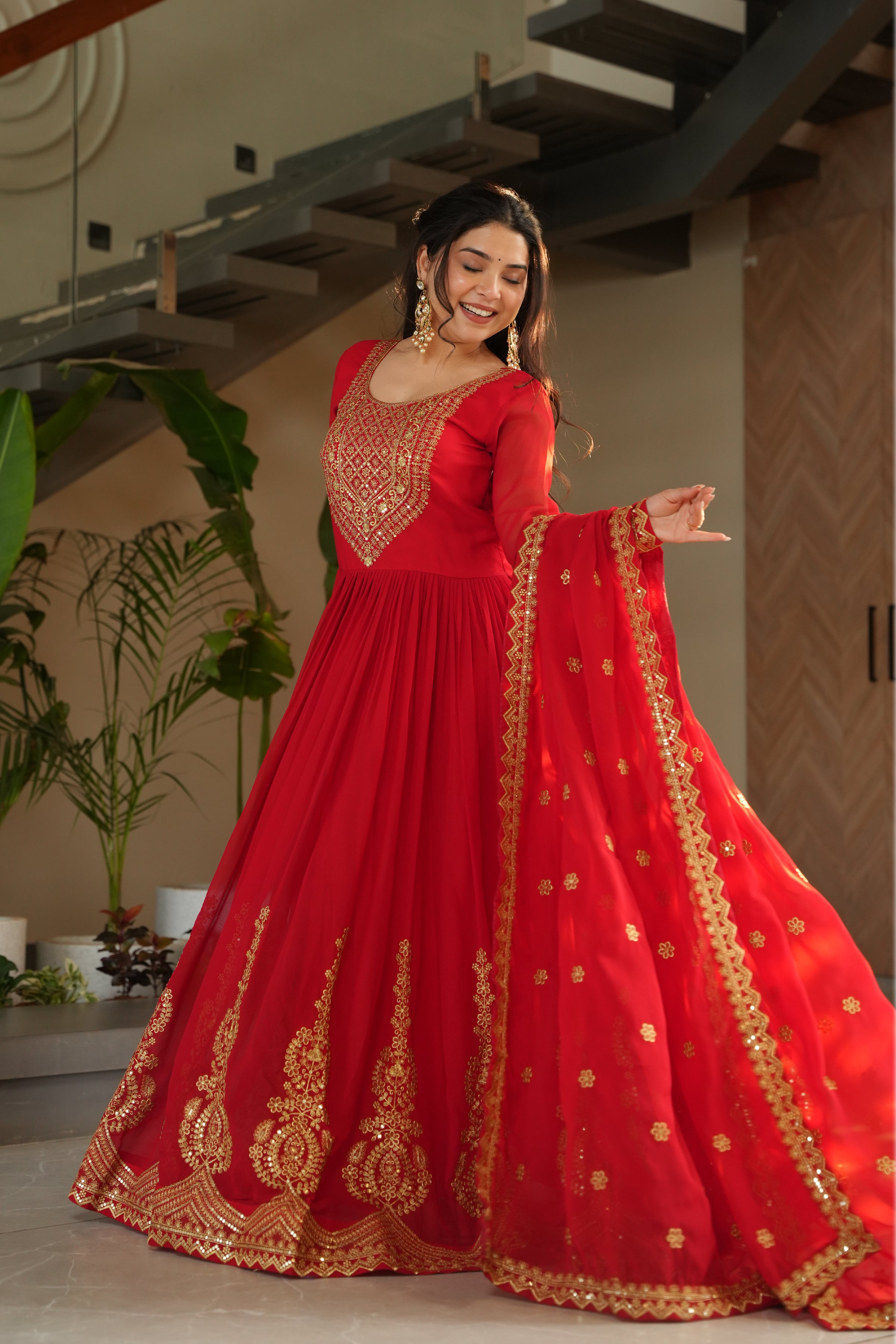 Designer Red Georgette Gown with Embroidery – Perfect for Weddings & Parties