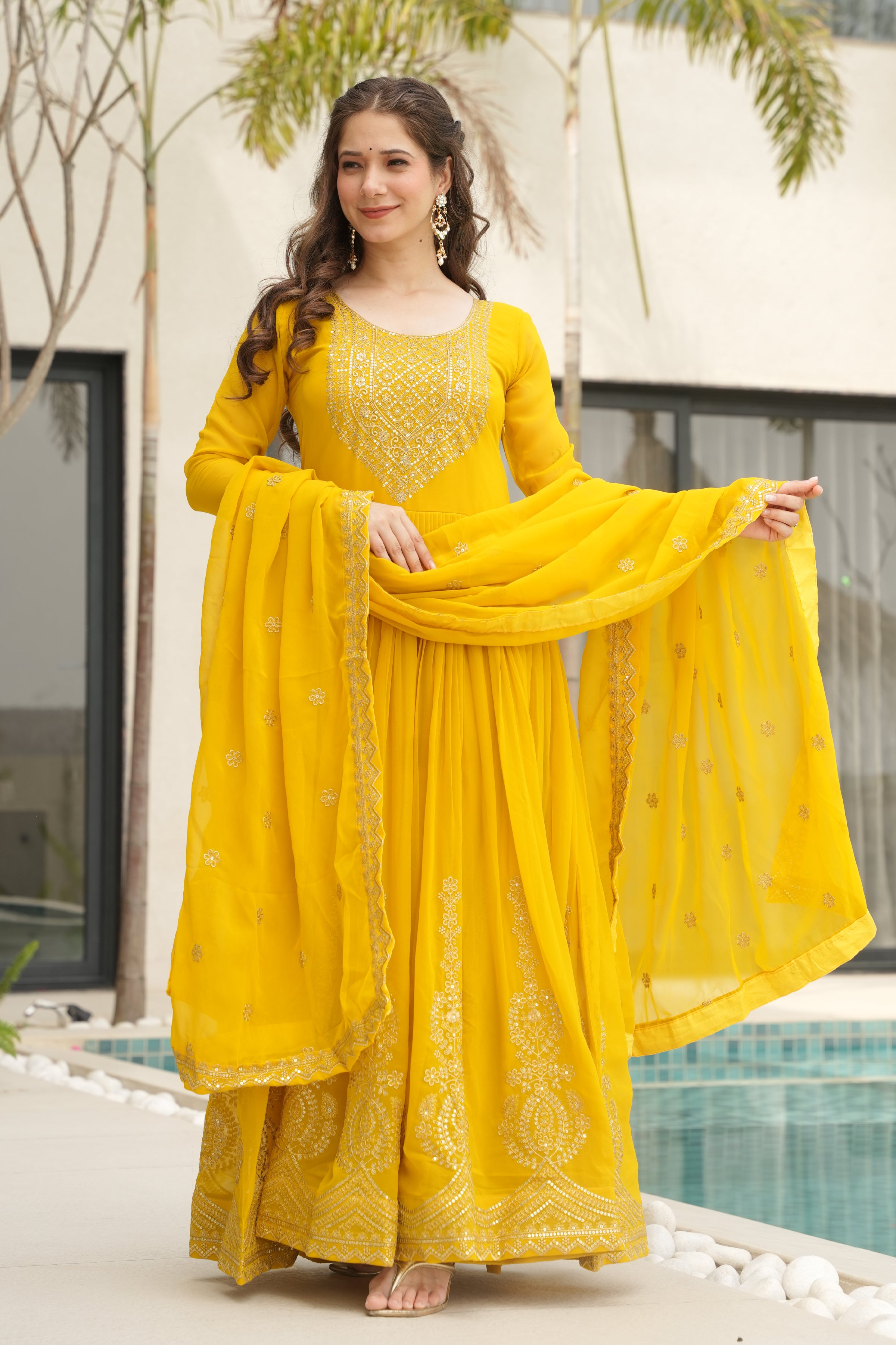 Designer Yellow Georgette Gown with Embroidery – Perfect for Weddings & Parties
