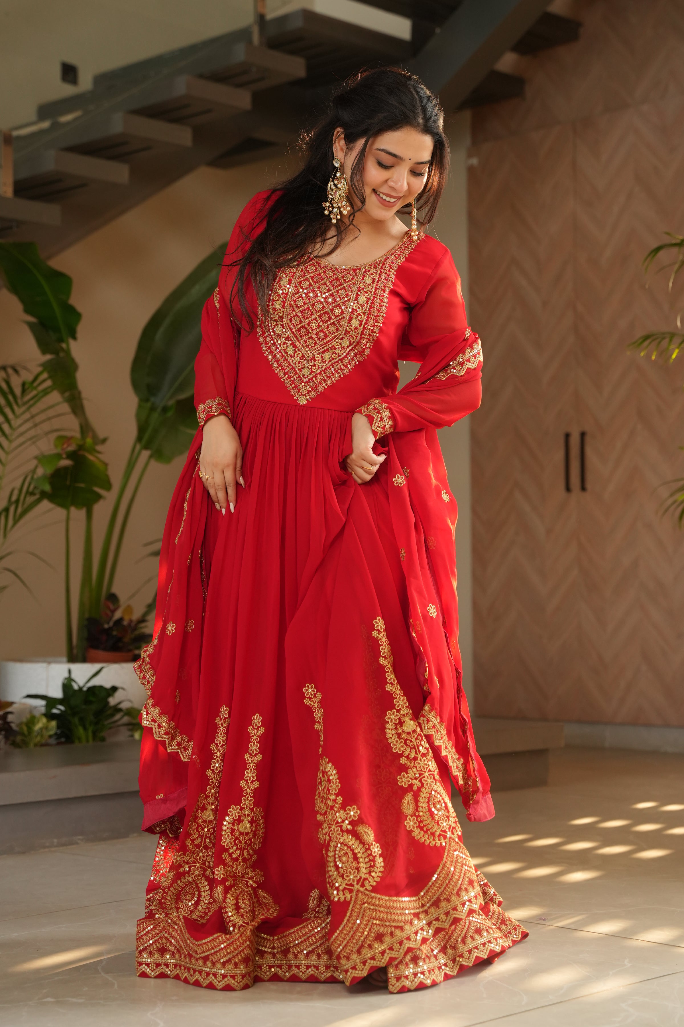 Designer Red Georgette Gown with Embroidery – Perfect for Weddings & Parties