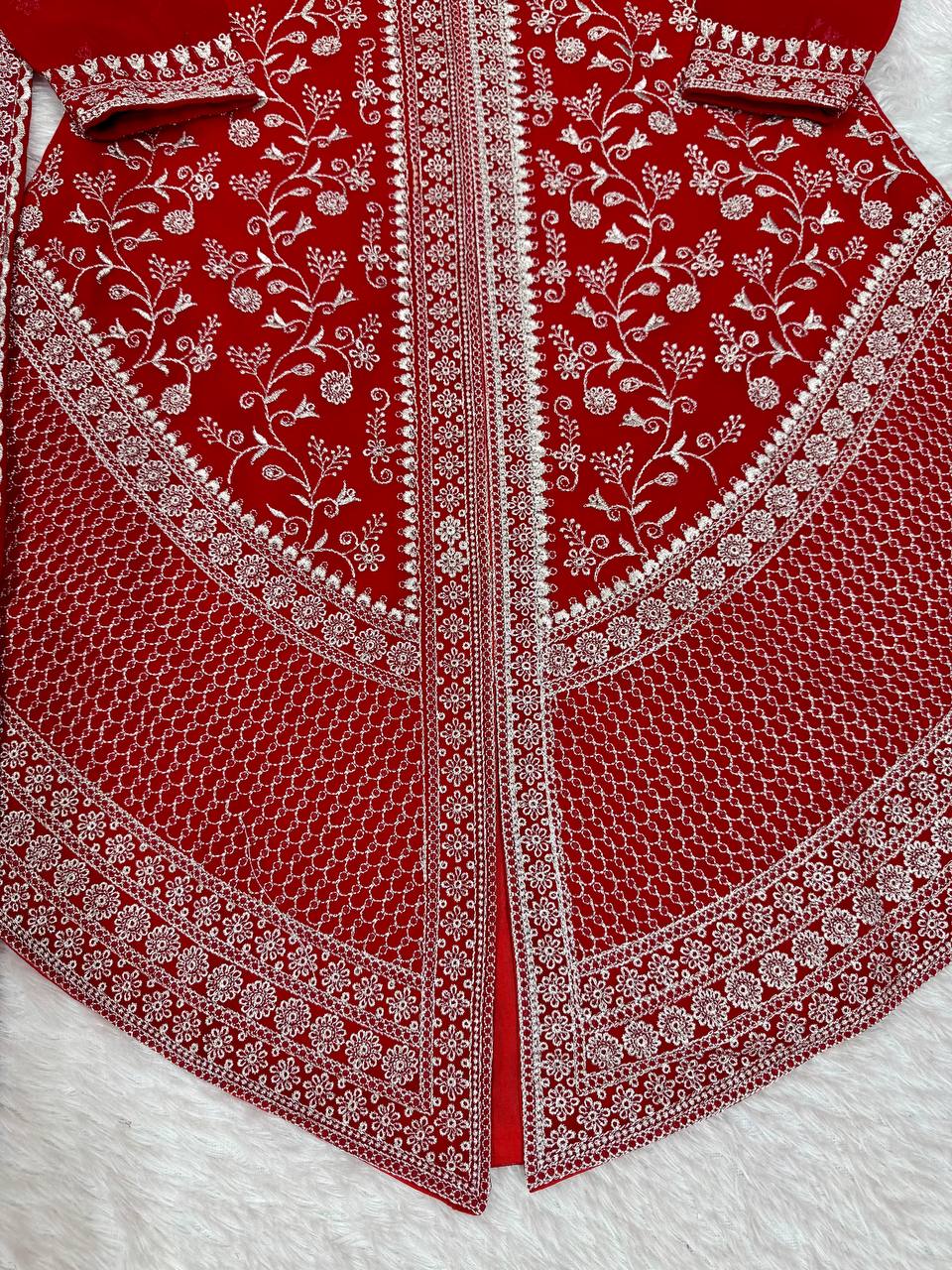 Red Embroidered Kurta Sharara Set With Dupatta