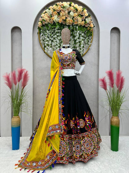 Black Navratri Lehenga Choli Set With Gujarati Embroidery and traditional Garba Dancer Motifs With Yellow Dupatta
