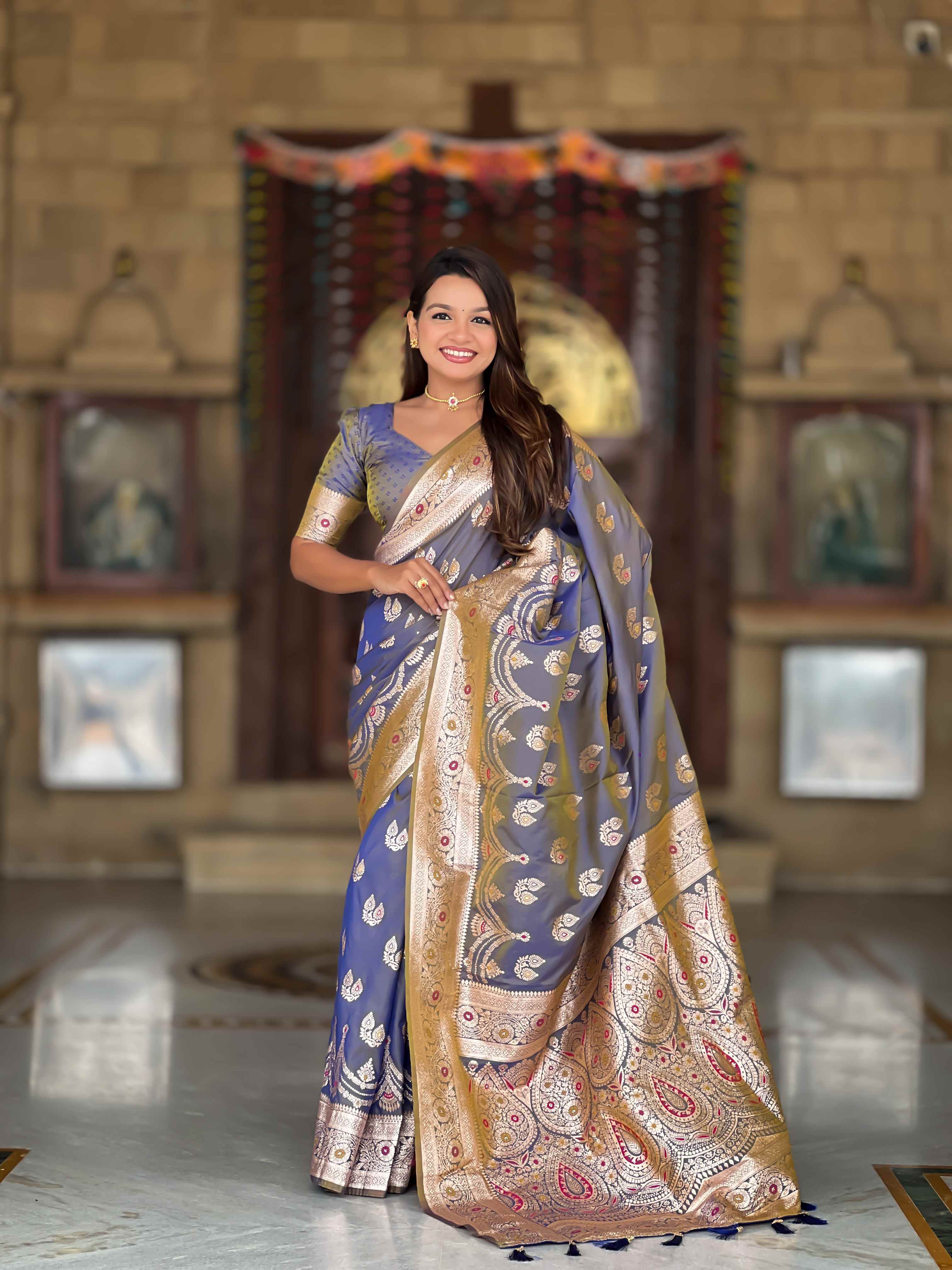 Grey Soft Banarasi Silk Saree with Meenakari Zari Work & Rich Pallu Design