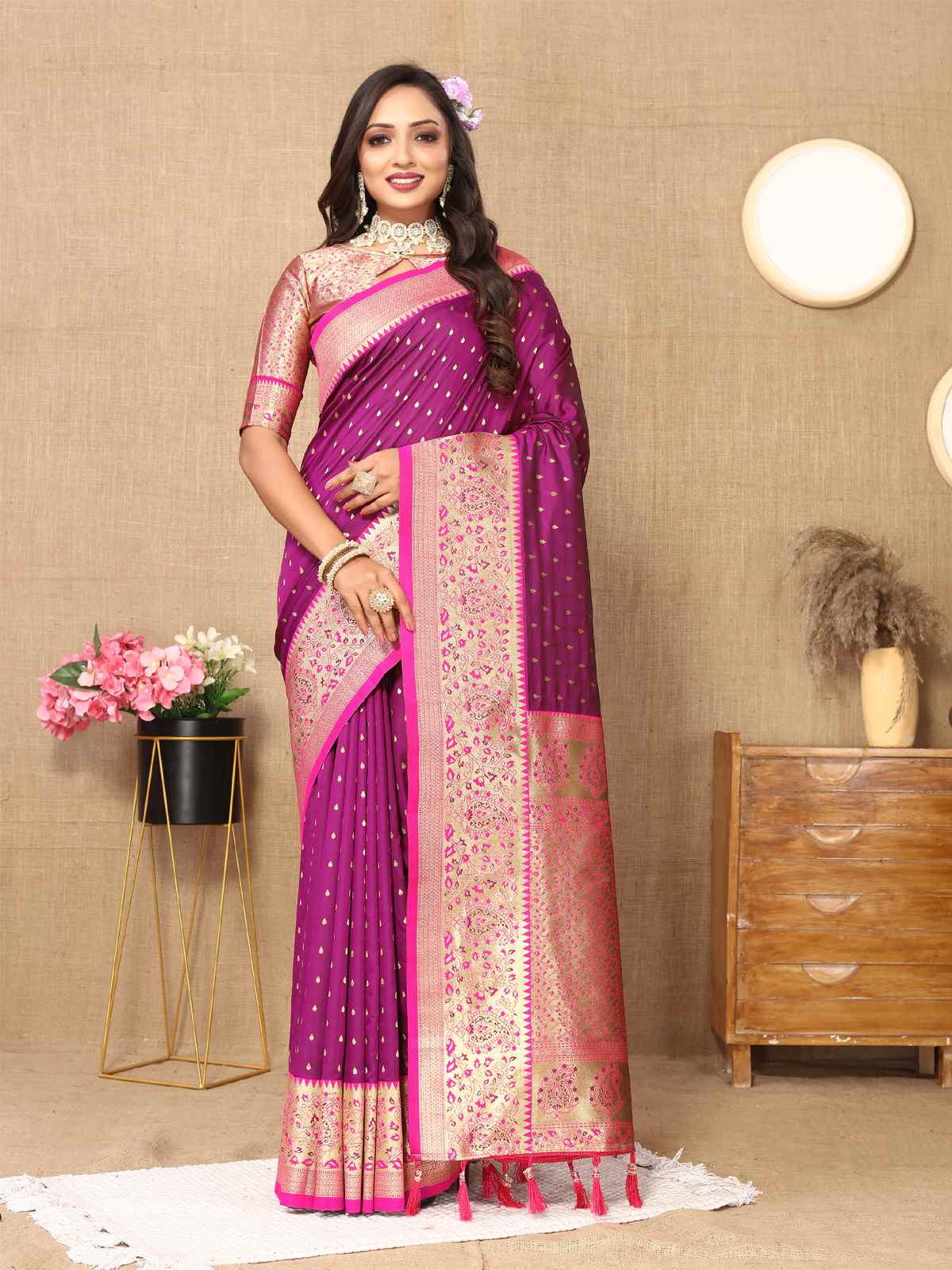 Wine Soft Silk Saree with All-Over Zari Motifs, Contrast Rich Pallu & Brocade Blouse