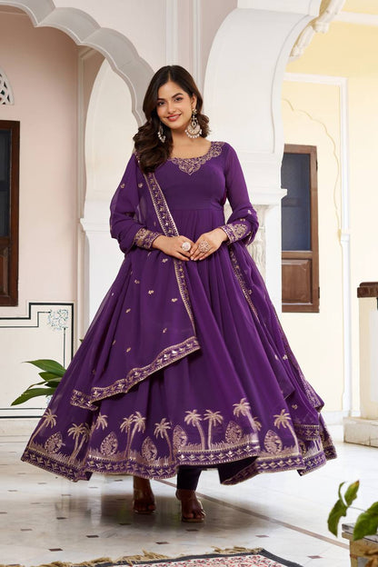 Purple Georgette Anarkali Embroidered Gown Set With Dupatta & Pant