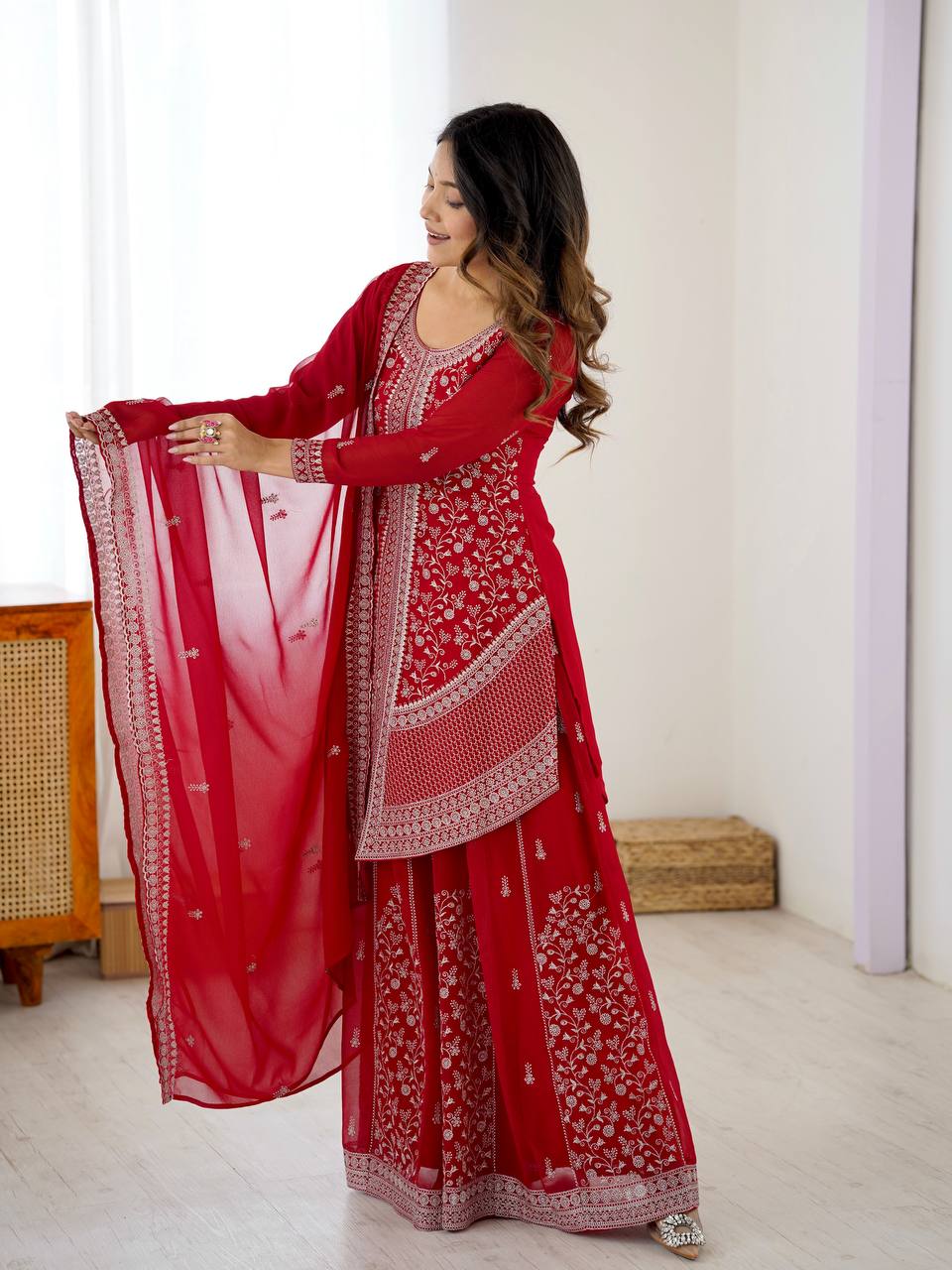 Red Embroidered Kurta Sharara Set With Dupatta