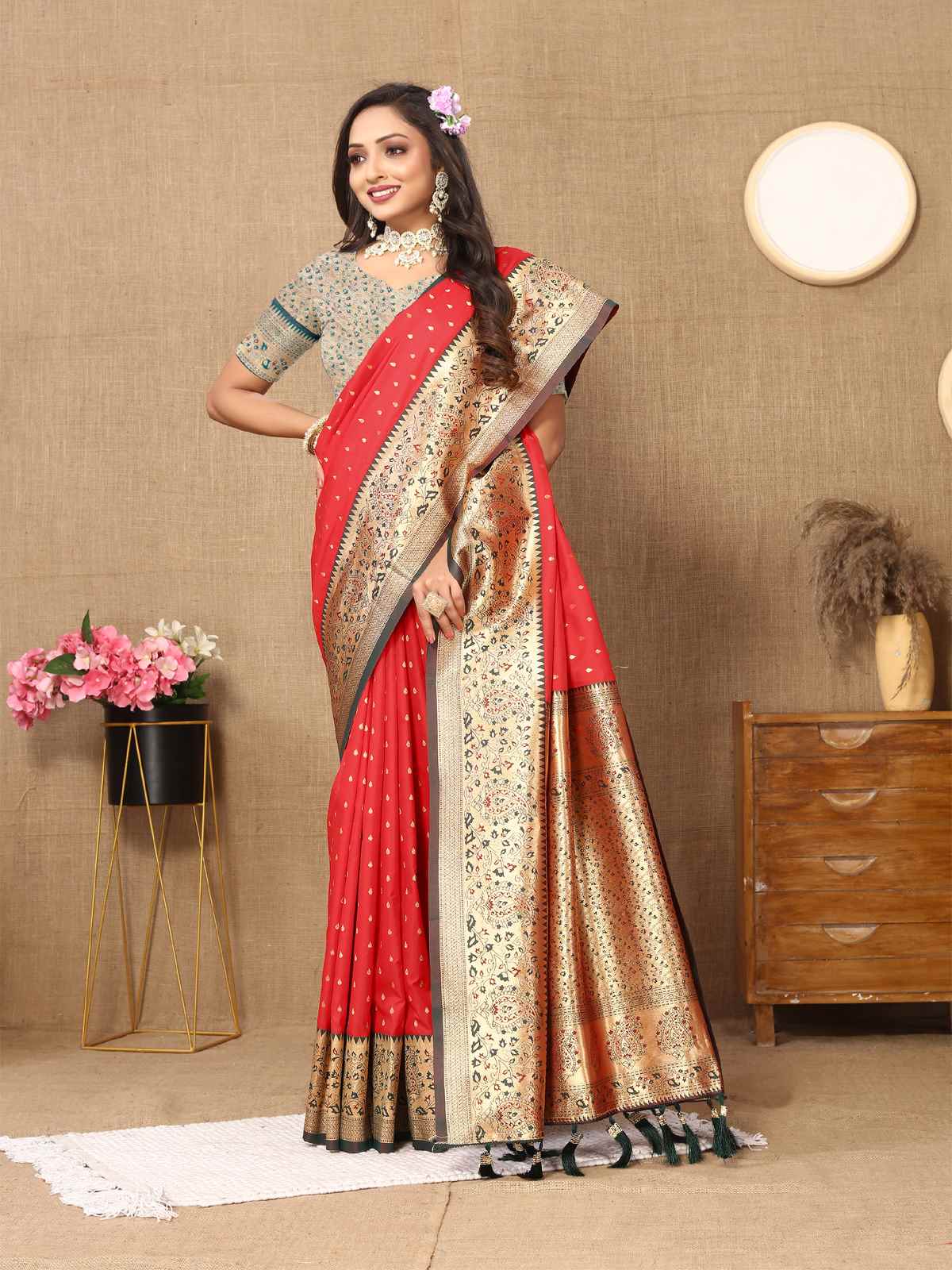 Red Soft Silk Saree with All-Over Zari Motifs, Contrast Rich Pallu & Brocade Blouse