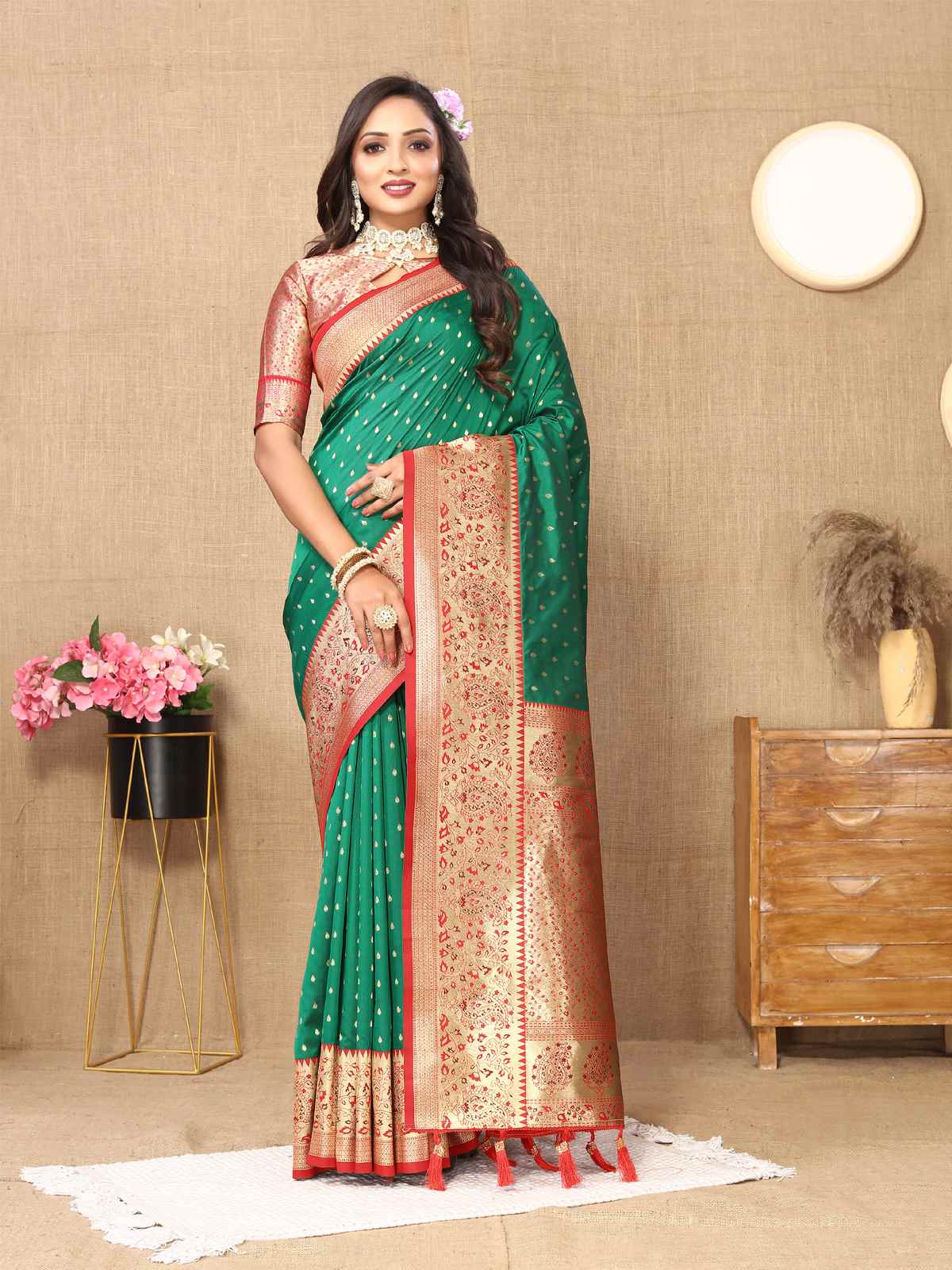 Green Soft Silk Saree with All-Over Zari Motifs, Contrast Rich Pallu & Brocade Blouse