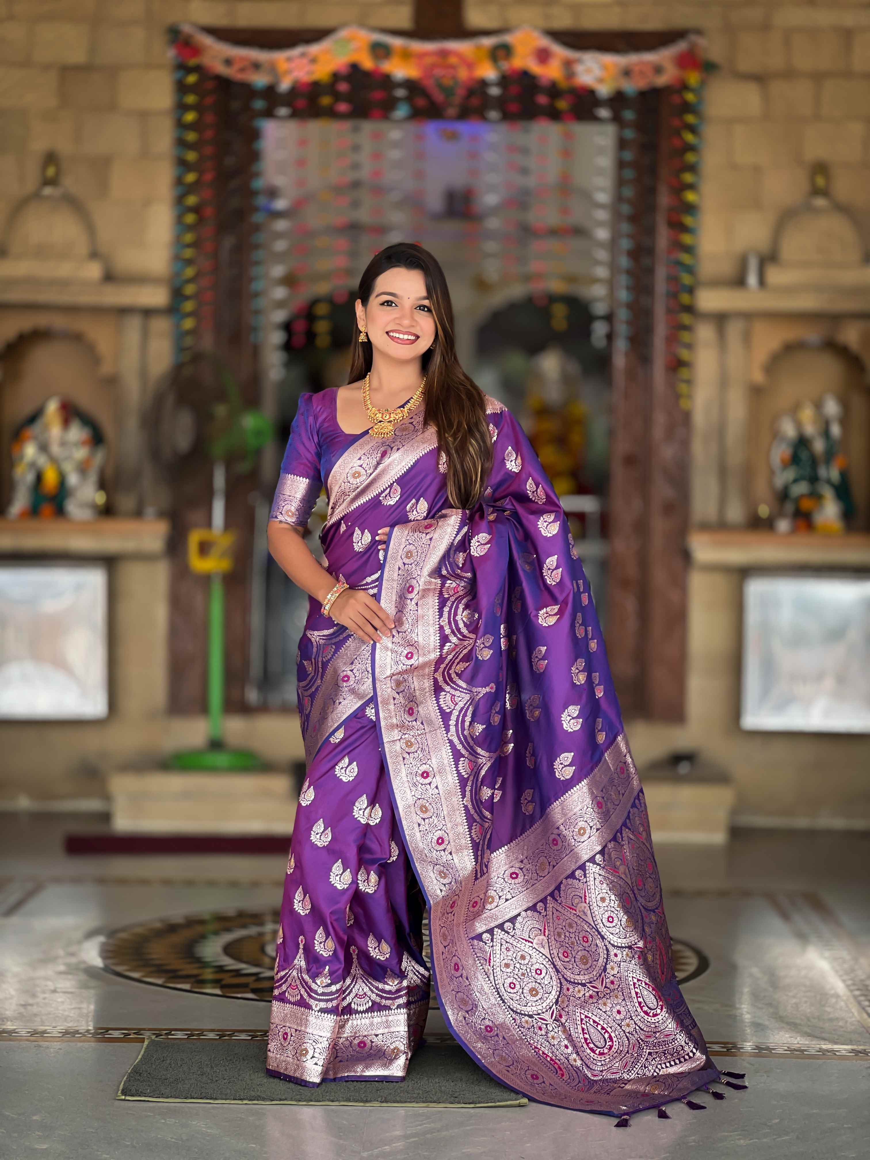 Purple Soft Banarasi Silk Saree with Meenakari Zari Work & Rich Pallu Design