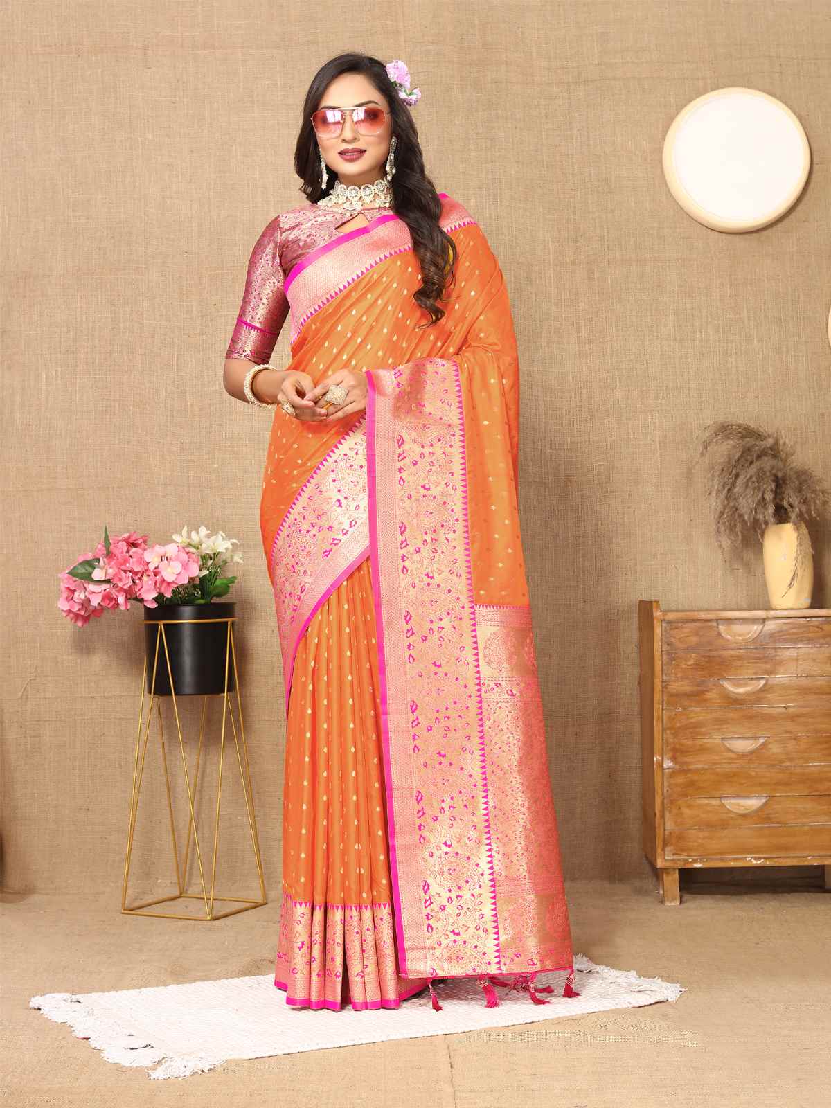 Orange Soft Silk Saree with All-Over Zari Motifs, Contrast Rich Pallu & Brocade Blouse