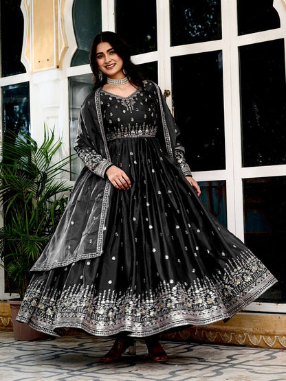 Black American Silk Embroidered Anarkali Gown Set With Dupatta & Pant
