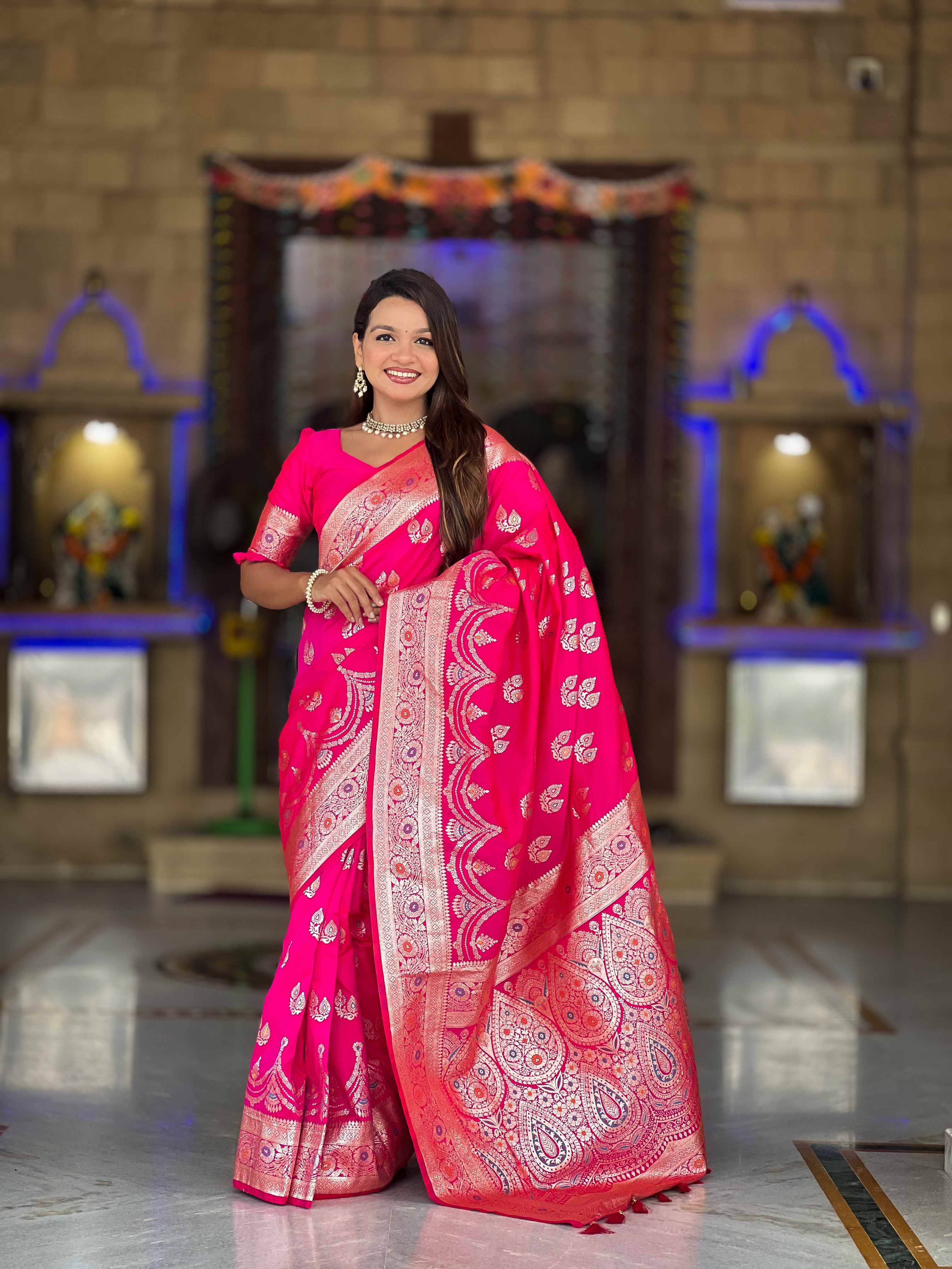 Pink Soft Banarasi Silk Saree with Meenakari Zari Work & Rich Pallu Design