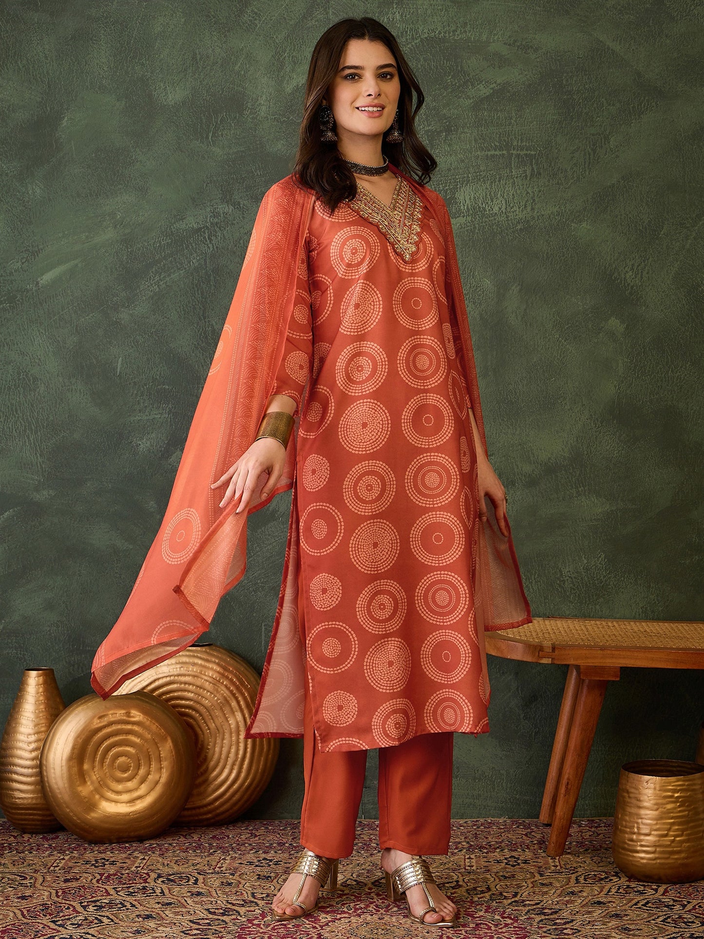 Orange Printed Kurta Set with Dupatta