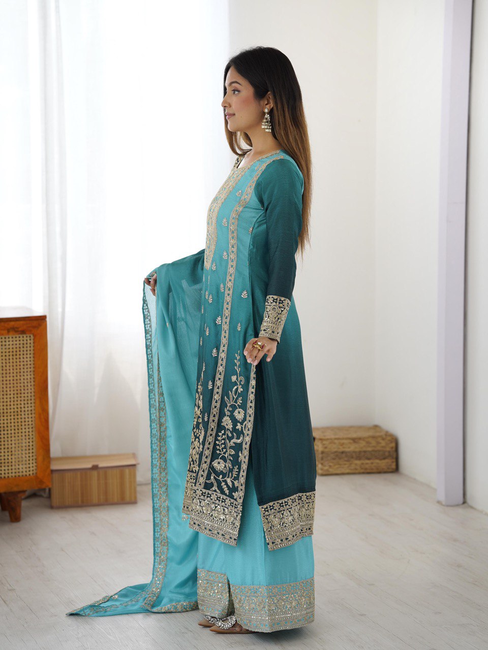 Elegant Aqua Blue Embroidered Kurta set with Intricate Zari Work And Matching Dupatta