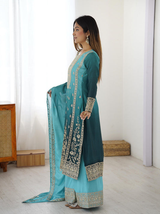 Elegant Aqua Blue Embroidered Kurta set with Intricate Zari Work And Matching Dupatta