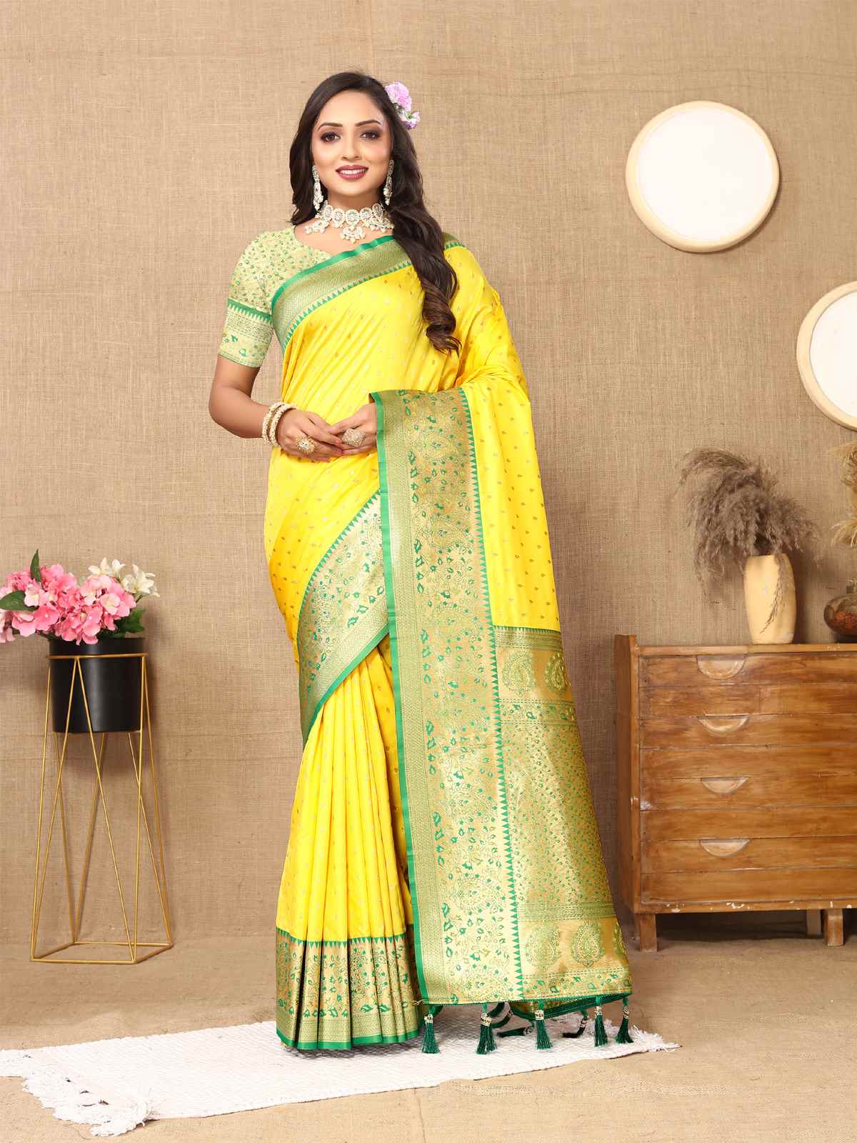 Lemon Yellow Soft Silk Saree with All-Over Zari Motifs, Contrast Rich Pallu & Brocade Blouse