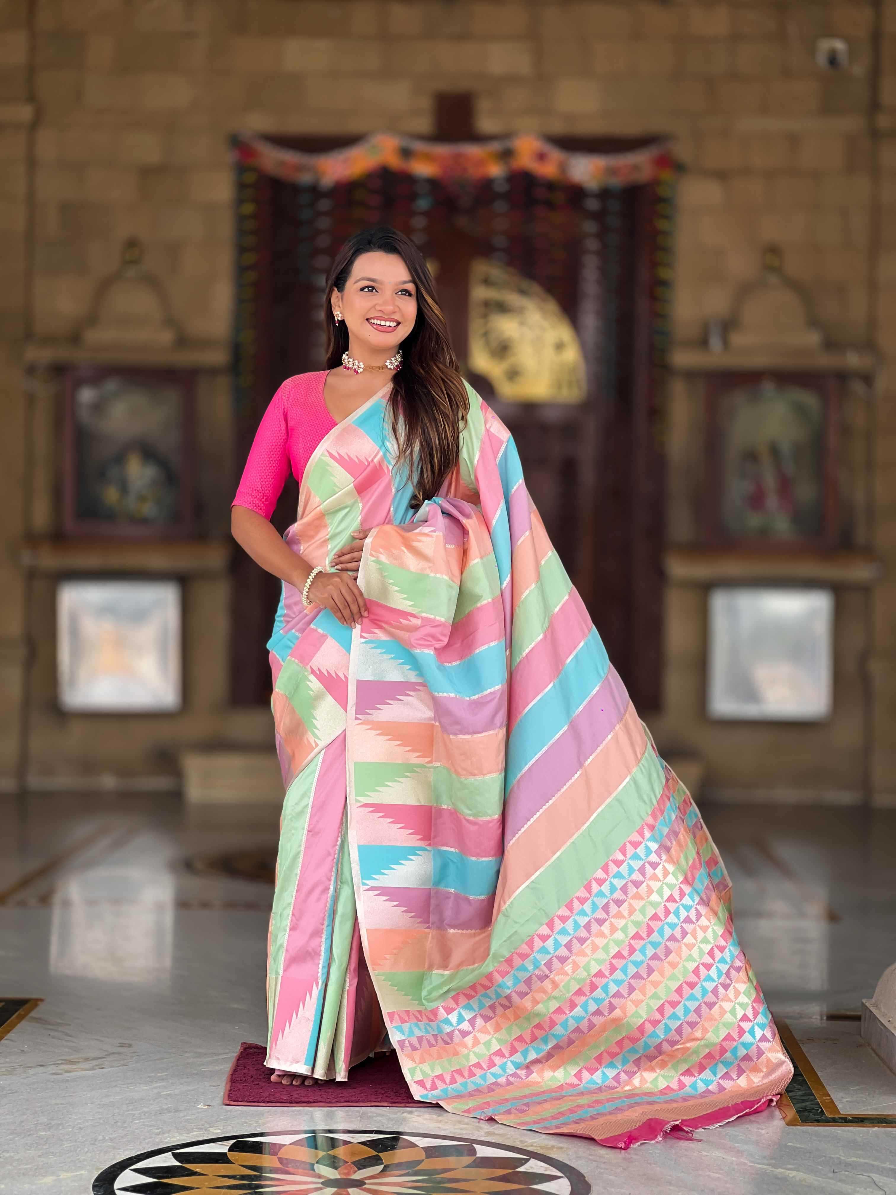 Multi Soft kanjivaram paithani silk saree with zari weaving Meenakari design all over the saree & Meenakari weawing Rich pallu with Meenakari weawing swan border & tessels attached at Pallu End. Blouse :- Soft silk weawing blouse piece