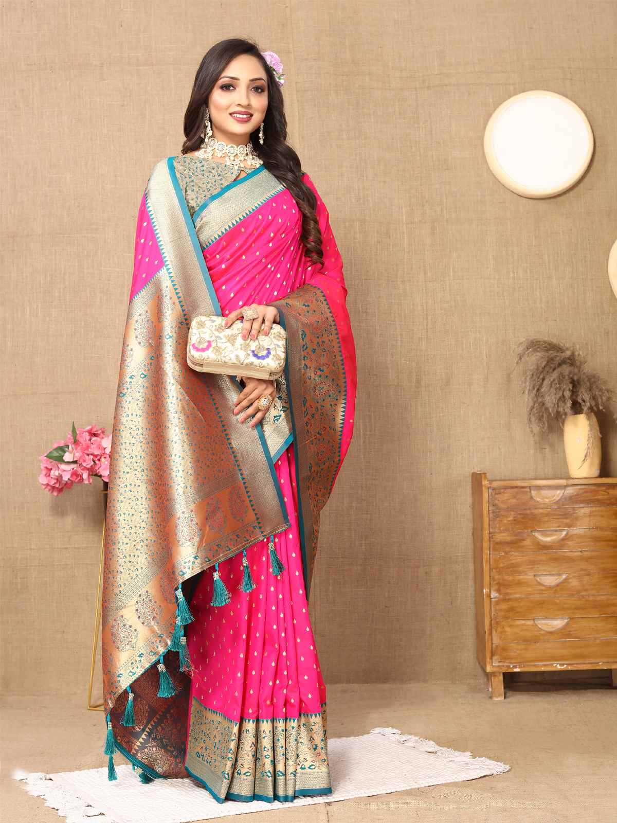 Rani Pink Soft Silk Saree with All-Over Zari Motifs, Contrast Rich Pallu & Brocade Blouse