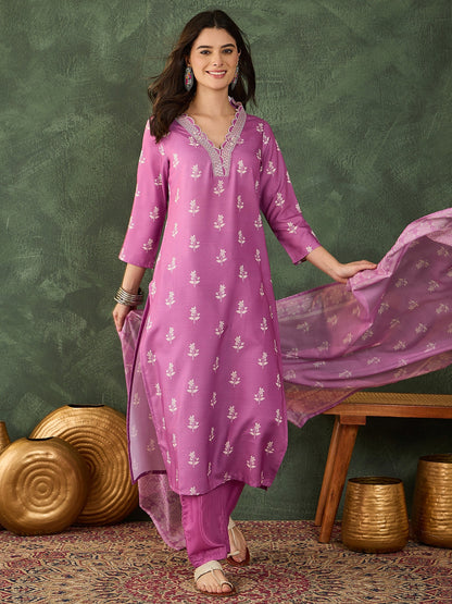 Mauve Printed Kurta Set with Dupatta