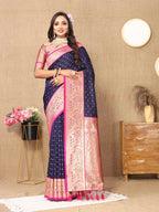 Navy Blue Soft Silk Saree with All-Over Zari Motifs, Contrast Rich Pallu & Brocade Blouse