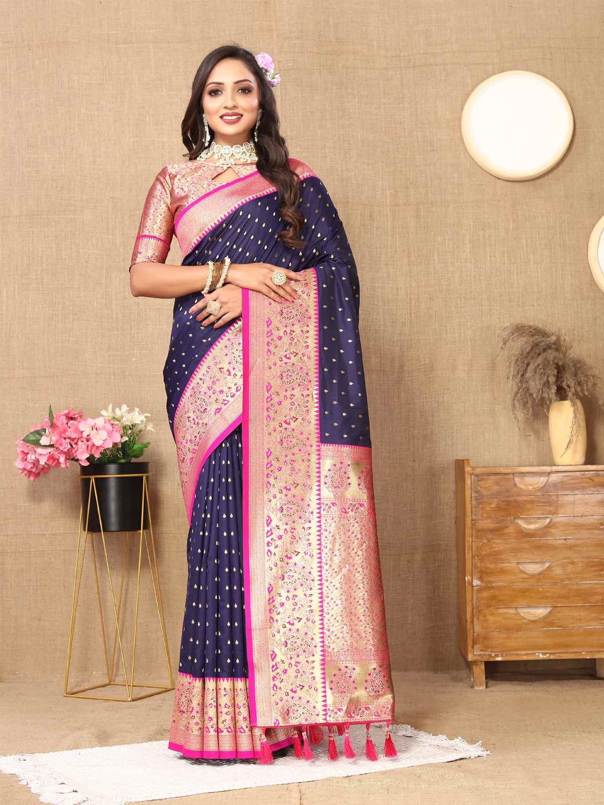 Navy Blue Soft Silk Saree with All-Over Zari Motifs, Contrast Rich Pallu & Brocade Blouse