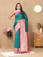 Rama Soft Silk Saree with All-Over Zari Motifs, Contrast Rich Pallu & Brocade Blouse