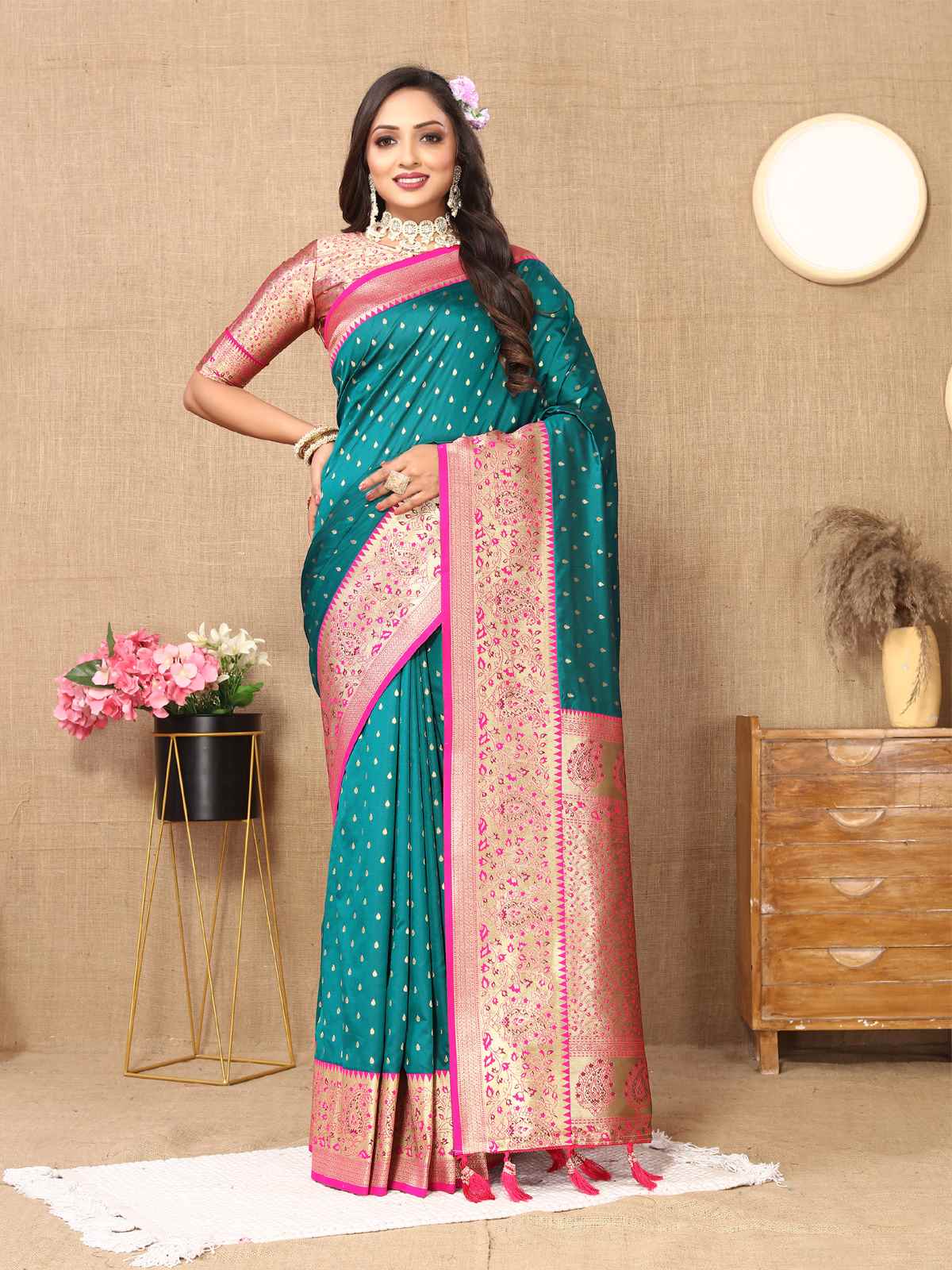 Rama Soft Silk Saree with All-Over Zari Motifs, Contrast Rich Pallu & Brocade Blouse