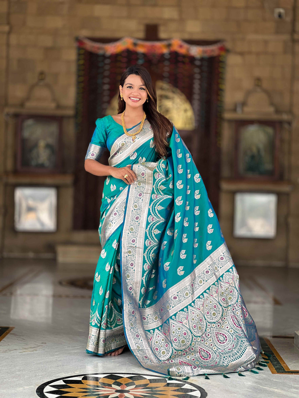 Sky Blue Soft Banarasi Silk Saree with Meenakari Zari Work & Rich Pallu Design