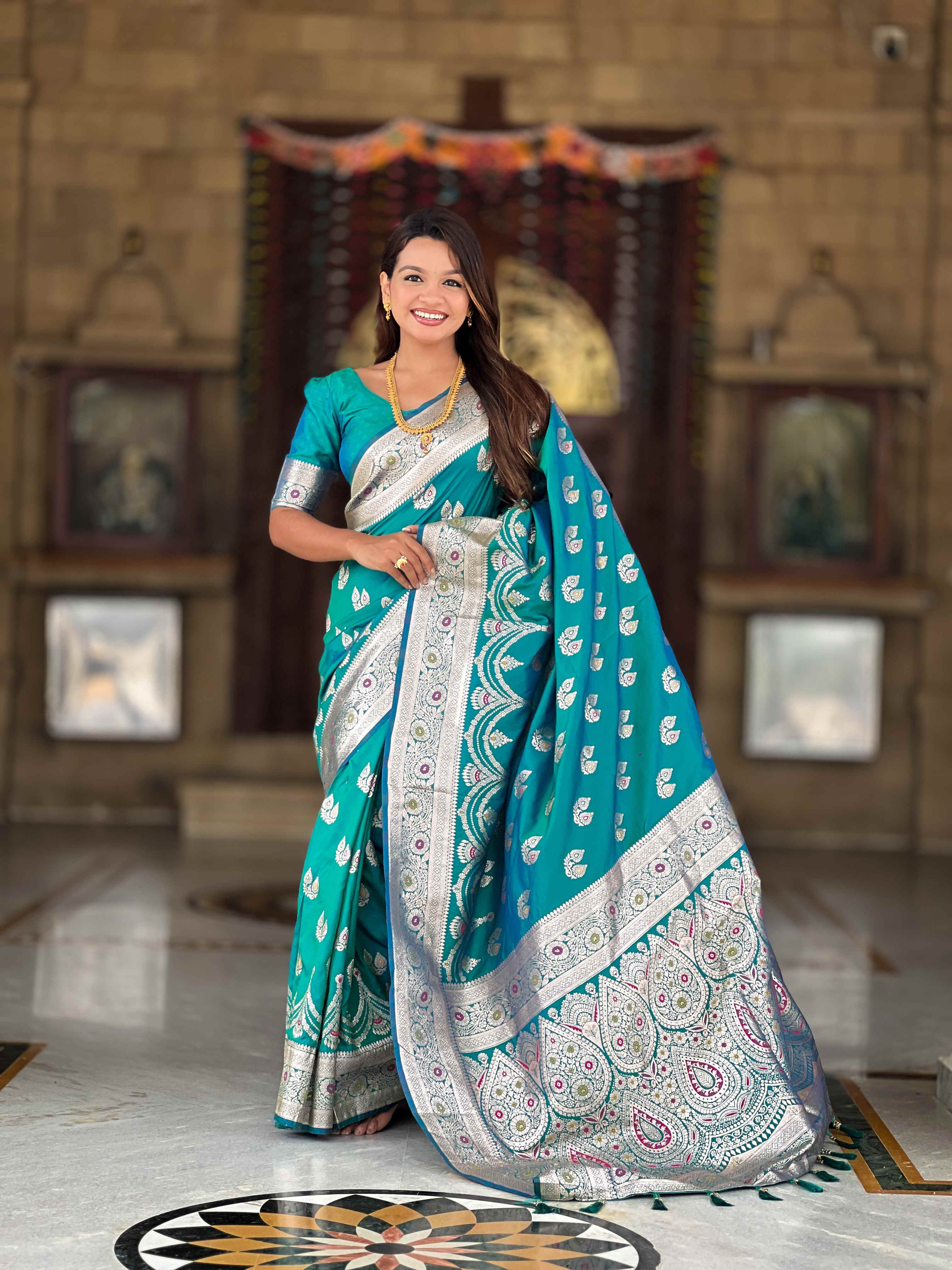Sky Blue Soft Banarasi Silk Saree with Meenakari Zari Work & Rich Pallu Design