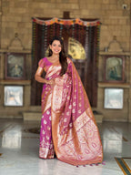 Peach Soft Banarasi Silk Saree with Meenakari Zari Weaving & Rich Pallu Design