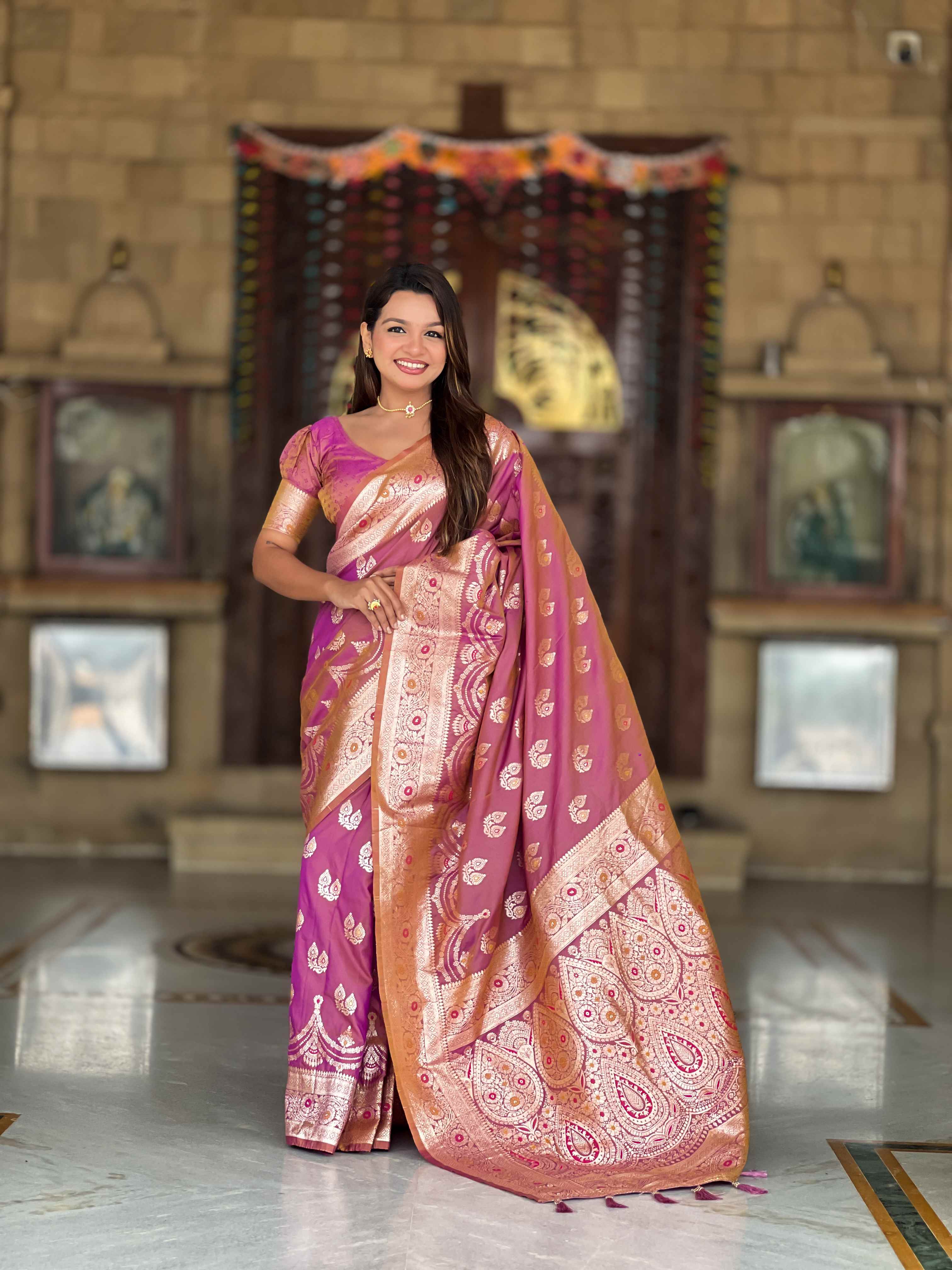 Peach Soft Banarasi Silk Saree with Meenakari Zari Weaving & Rich Pallu Design