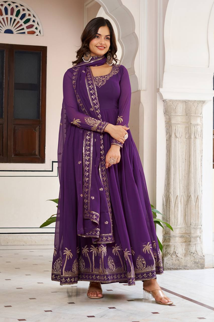 Purple Georgette Anarkali Embroidered Gown Set With Dupatta & Pant
