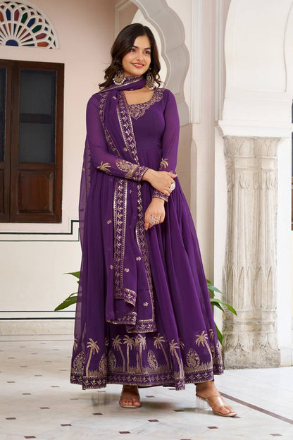 Purple Georgette Anarkali Embroidered Gown Set With Dupatta & Pant