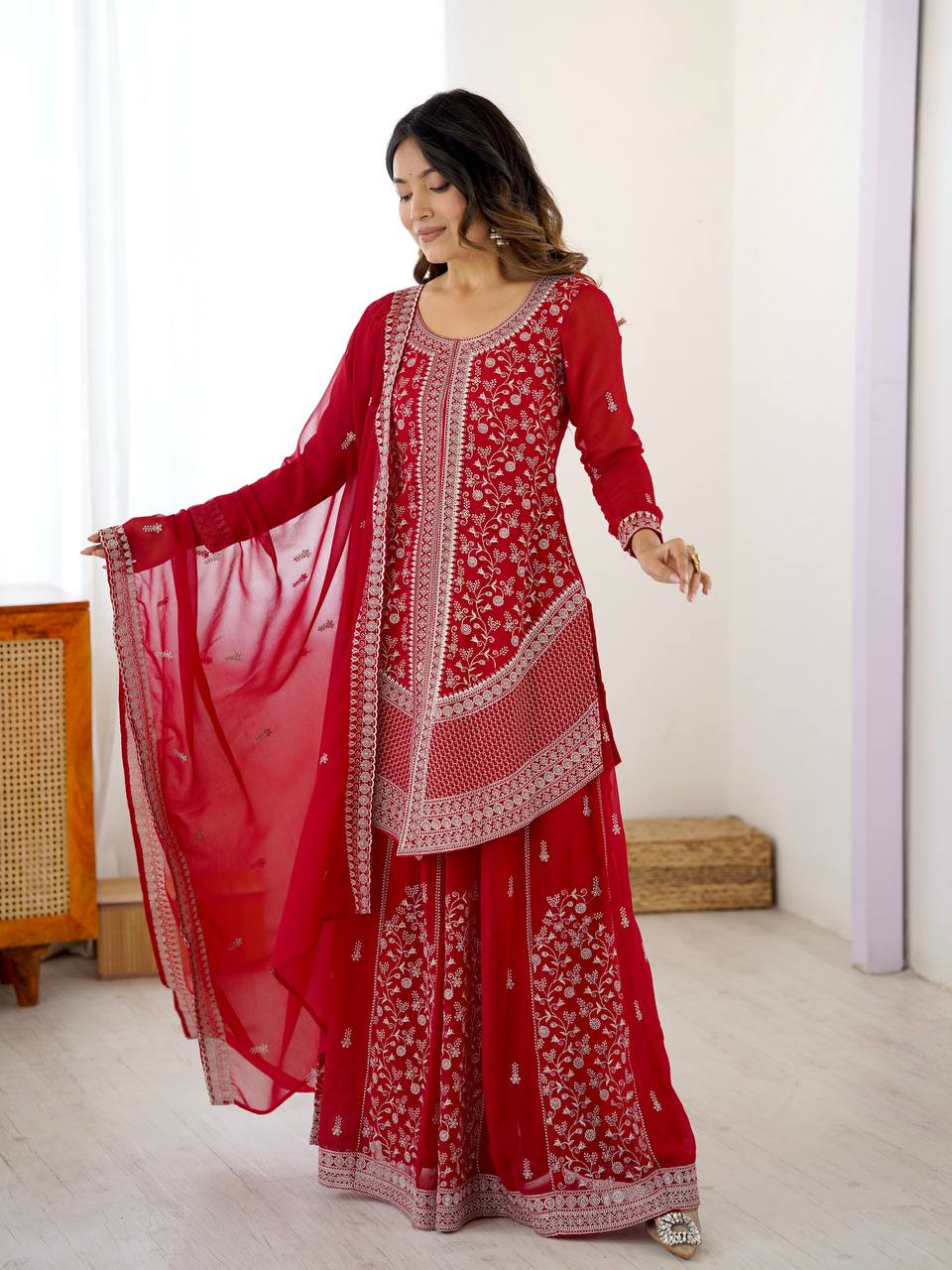 Red Embroidered Kurta Sharara Set With Dupatta