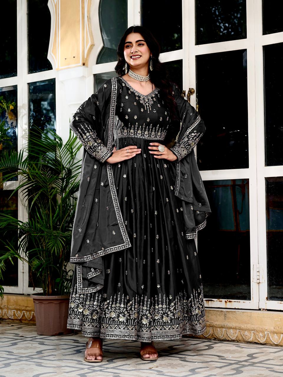 Black American Silk Embroidered Anarkali Gown Set With Dupatta & Pant
