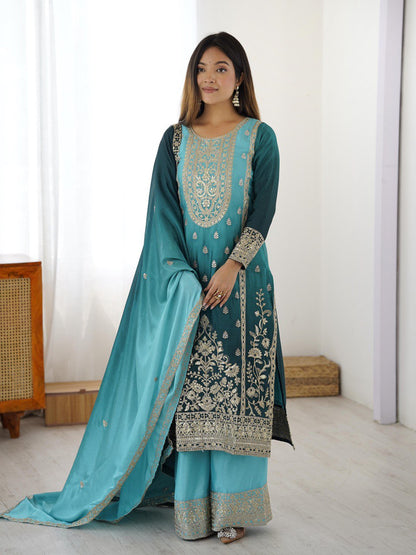 Elegant Aqua Blue Embroidered Kurta set with Intricate Zari Work And Matching Dupatta