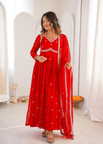 Red Thread Worked Georgette Gown Set With Dupatta & Pant