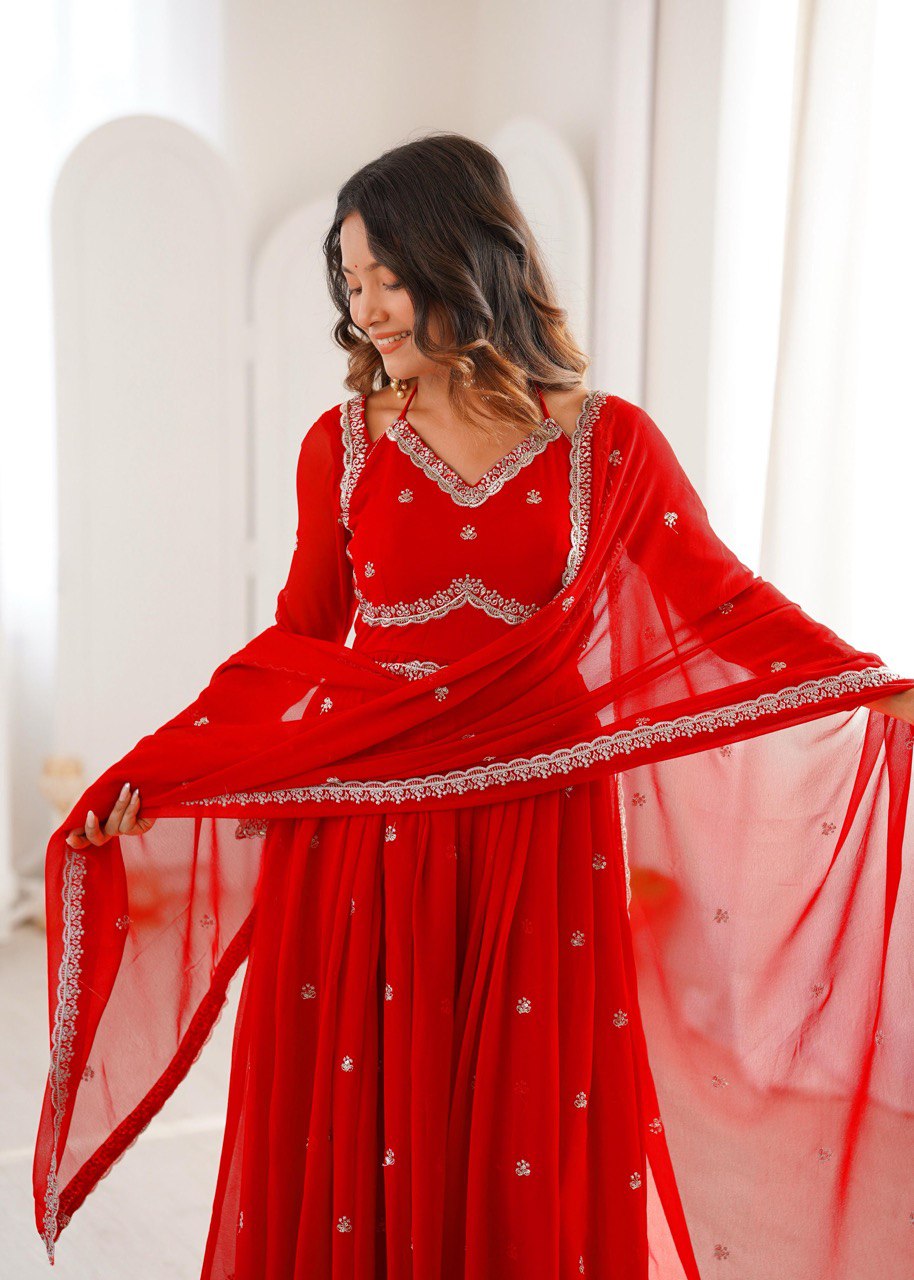 Red Thread Worked Georgette Gown Set With Dupatta & Pant