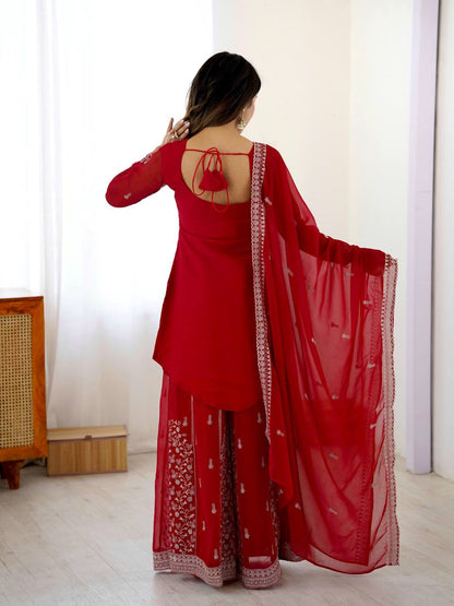 Red Embroidered Kurta Sharara Set With Dupatta