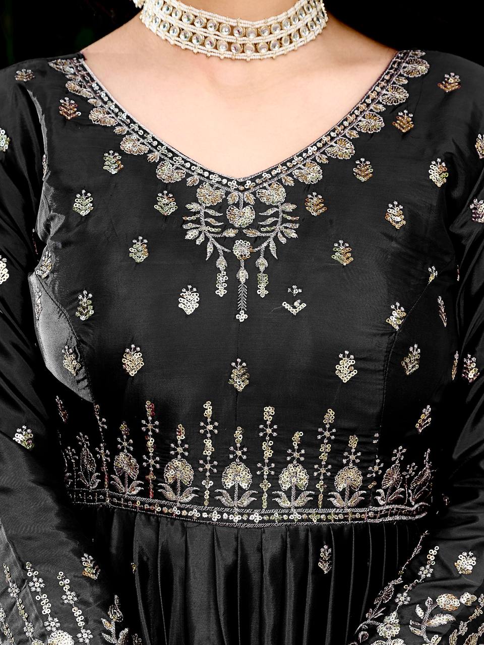 Black American Silk Embroidered Anarkali Gown Set With Dupatta & Pant