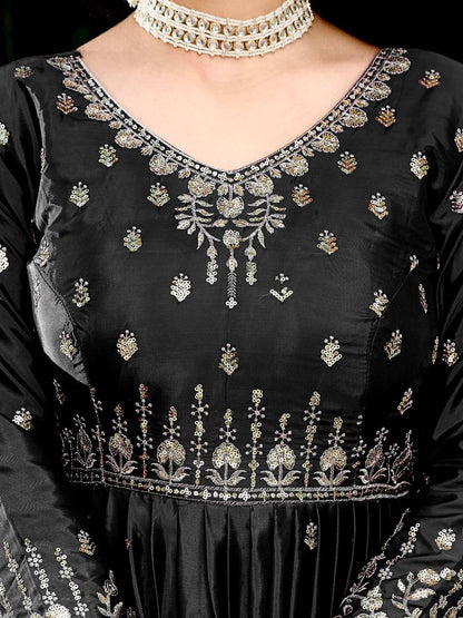 Black American Silk Embroidered Anarkali Gown Set With Dupatta & Pant