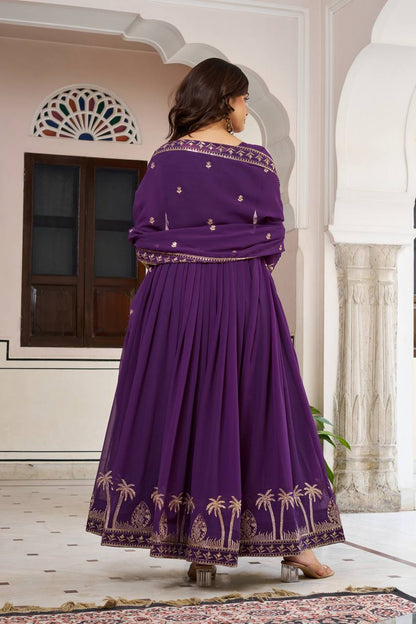 Purple Georgette Anarkali Embroidered Gown Set With Dupatta & Pant