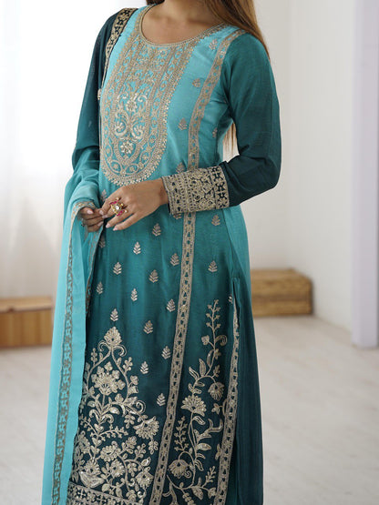 Elegant Aqua Blue Embroidered Kurta set with Intricate Zari Work And Matching Dupatta
