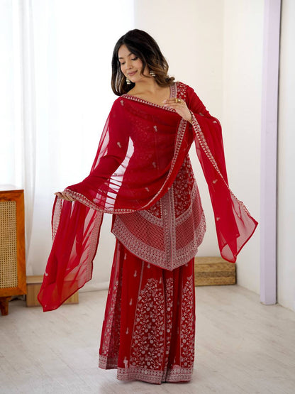 Red Embroidered Kurta Sharara Set With Dupatta