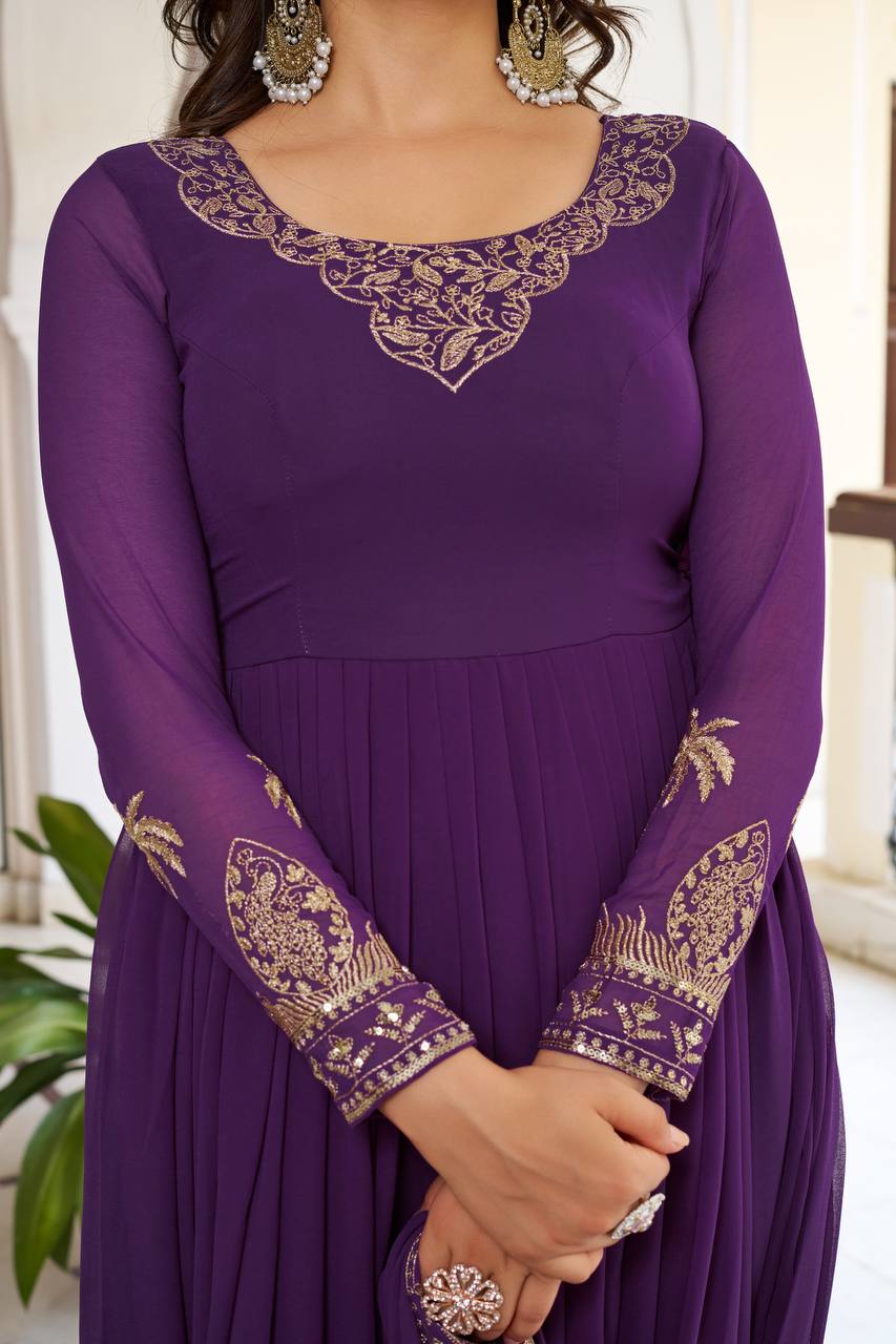 Purple Georgette Anarkali Embroidered Gown Set With Dupatta & Pant
