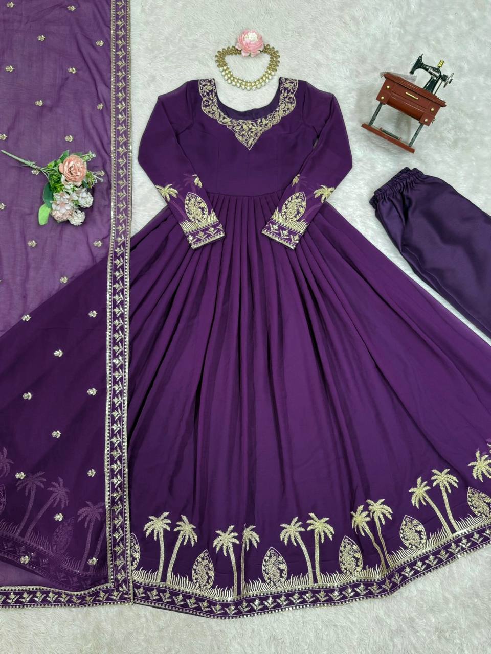 Purple Georgette Anarkali Embroidered Gown Set With Dupatta & Pant