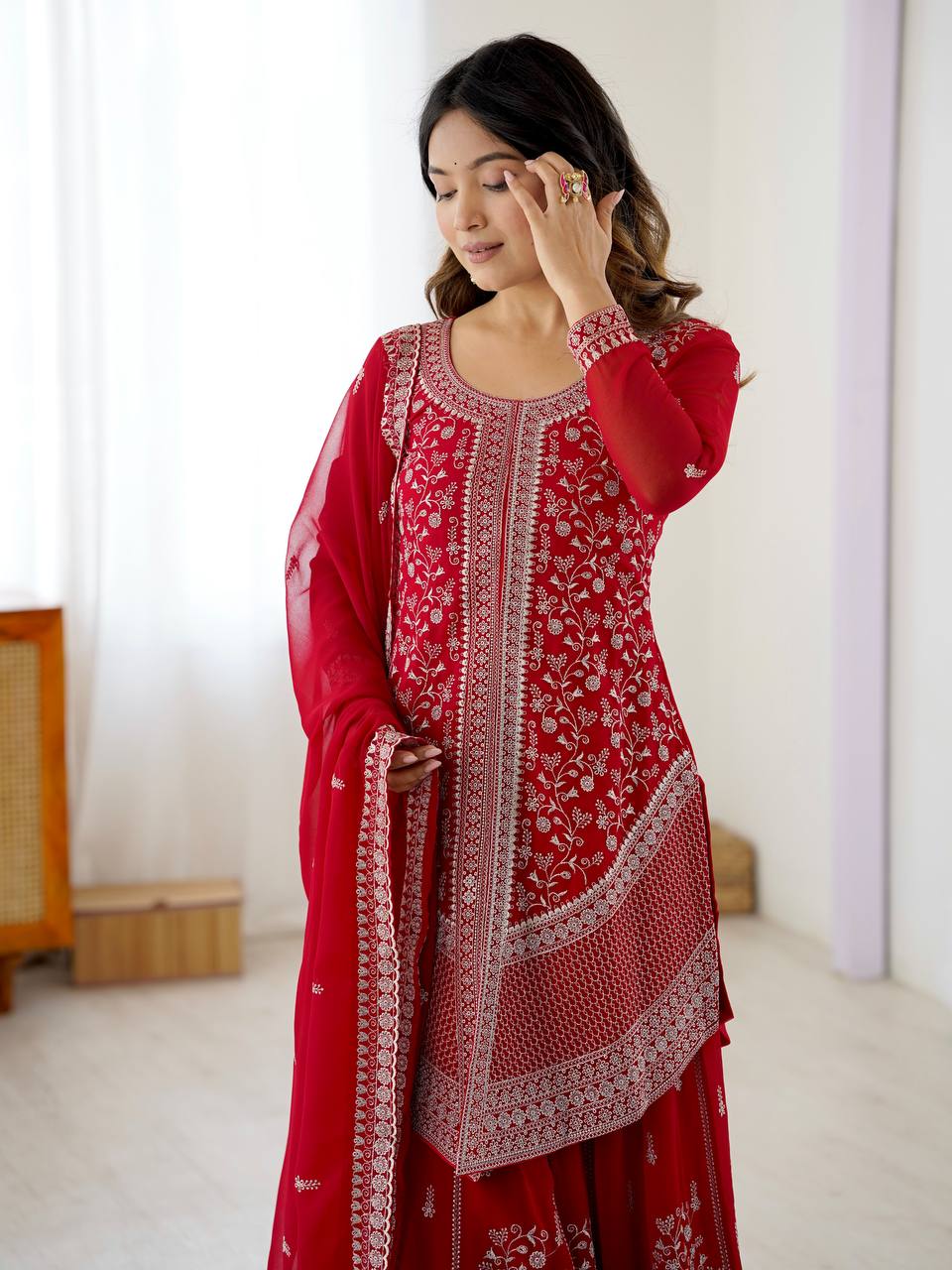 Red Embroidered Kurta Sharara Set With Dupatta