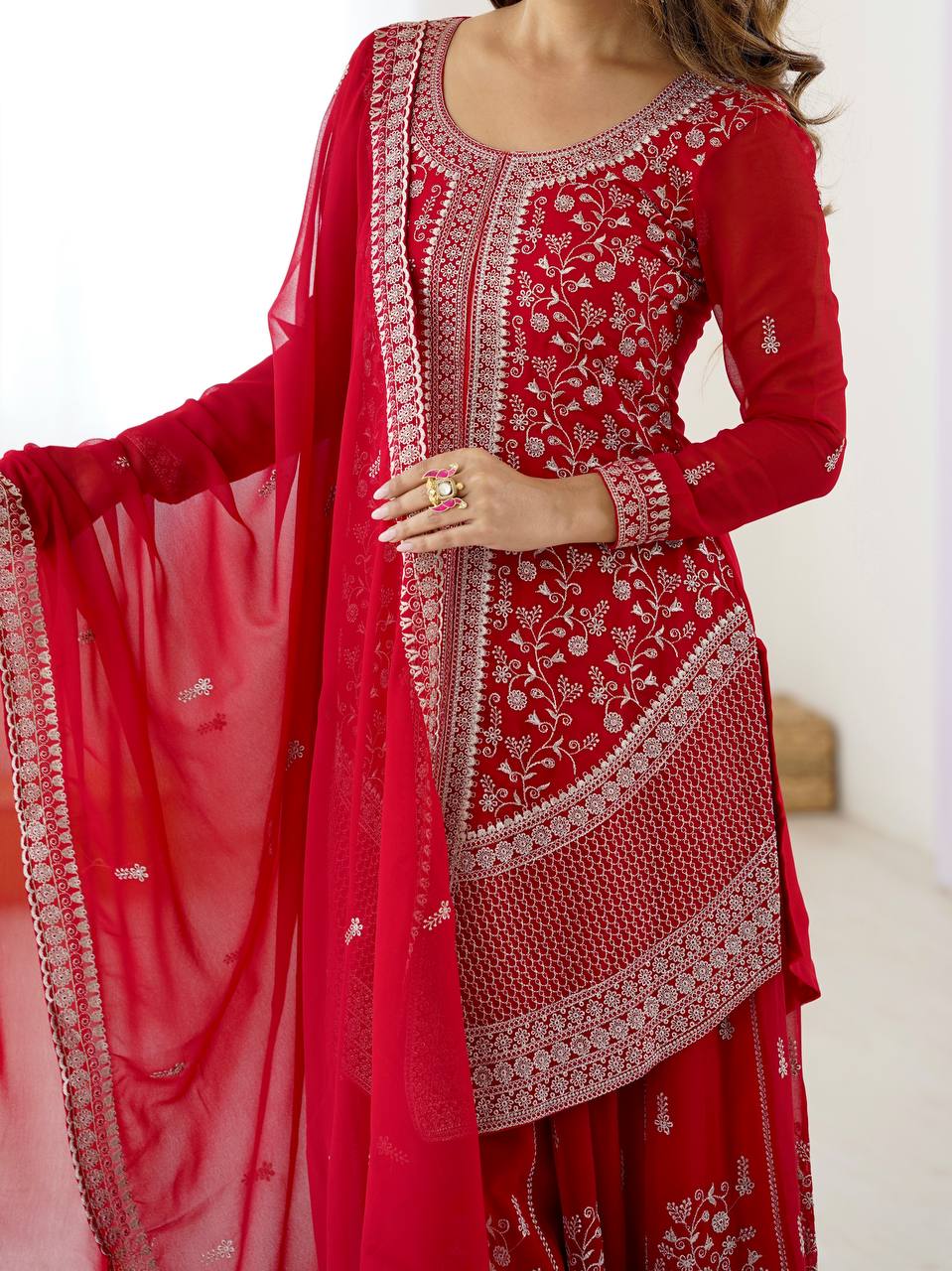 Red Embroidered Kurta Sharara Set With Dupatta