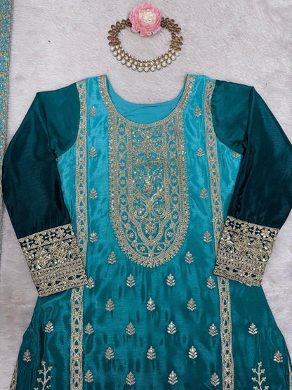 Elegant Aqua Blue Embroidered Kurta set with Intricate Zari Work And Matching Dupatta