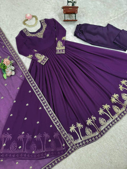 Purple Georgette Anarkali Embroidered Gown Set With Dupatta & Pant