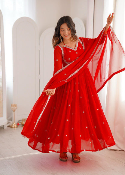 Red Thread Worked Georgette Gown Set With Dupatta & Pant